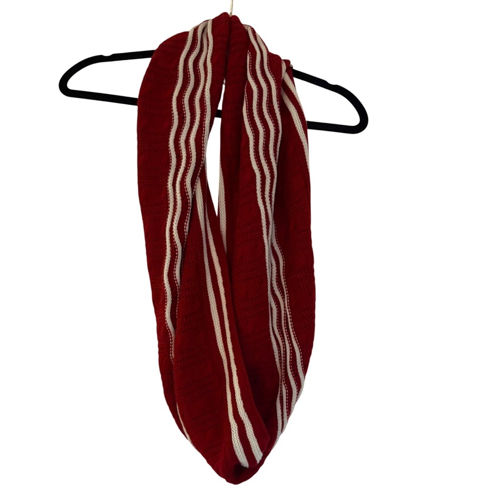 Red and White Striped Cable‎ Knit Infinity Scarf Women Winter Loop Scarf